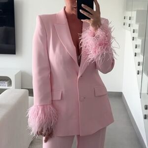 Zara Pink Feather-Trim Blazer